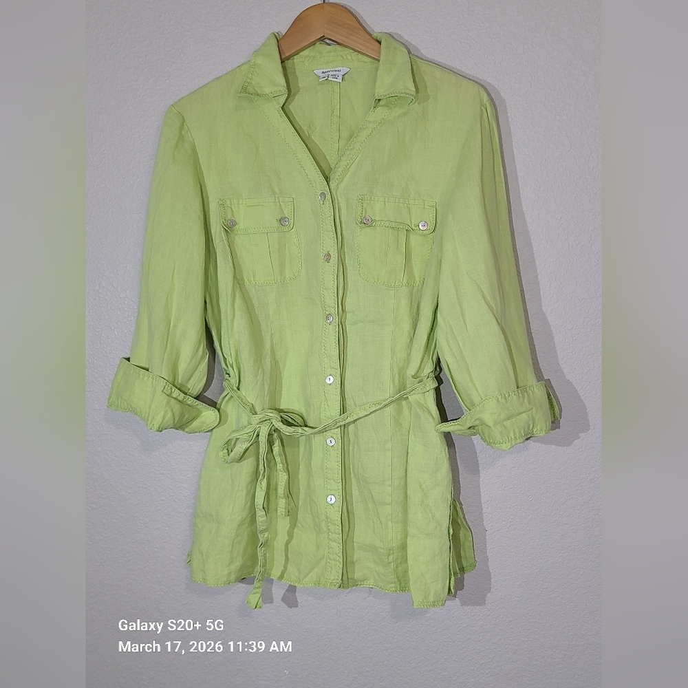 Linen Button-Front Belted Tunic in‎ Light Lime